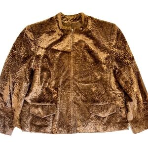 OSCAR DE LA RENTA Faux Fur Persian Lamb Full Zip Jacket Golden Beige Sz 18W